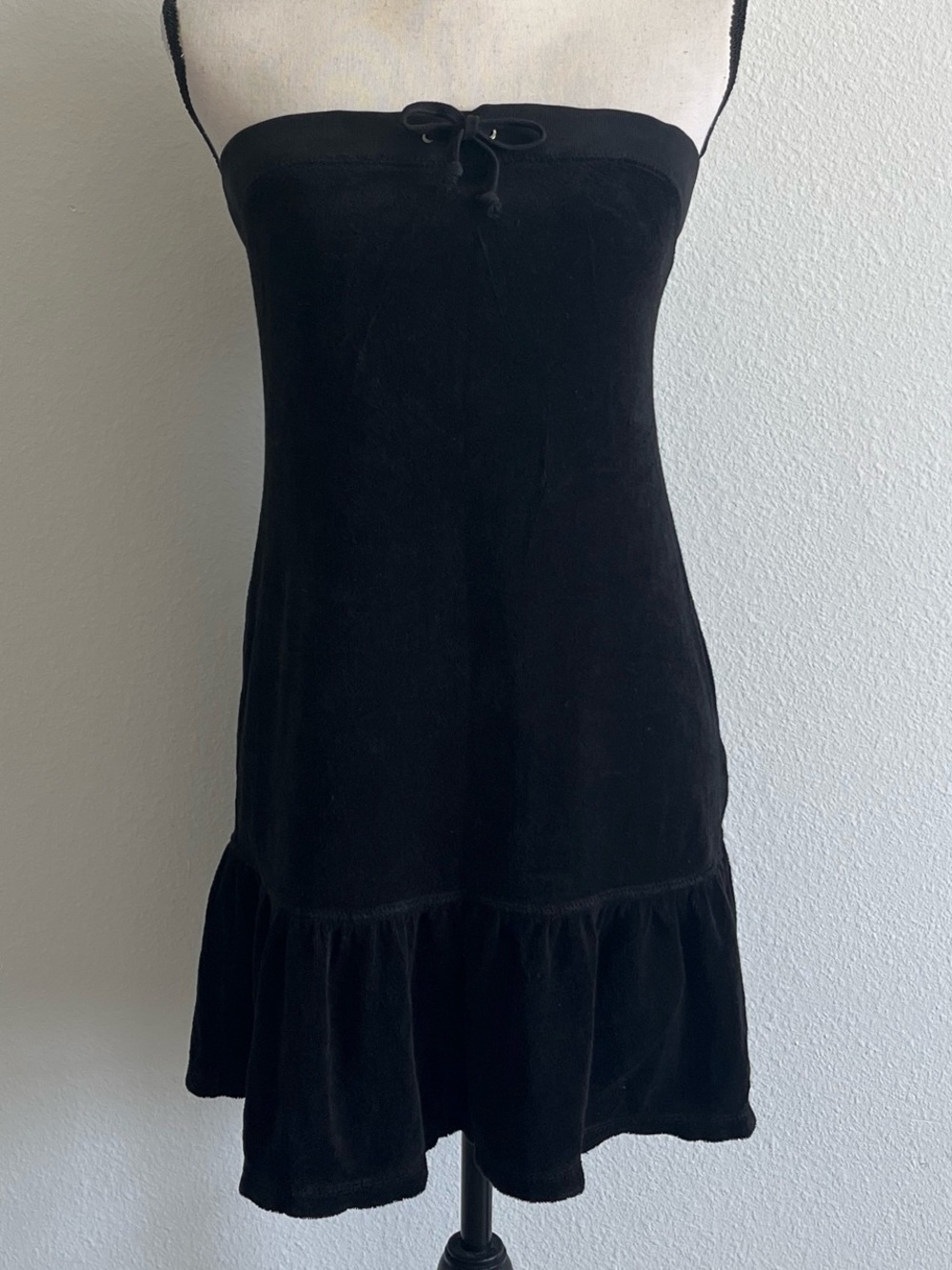 Black Strapless terry cloth Dress with Ruffle Hem